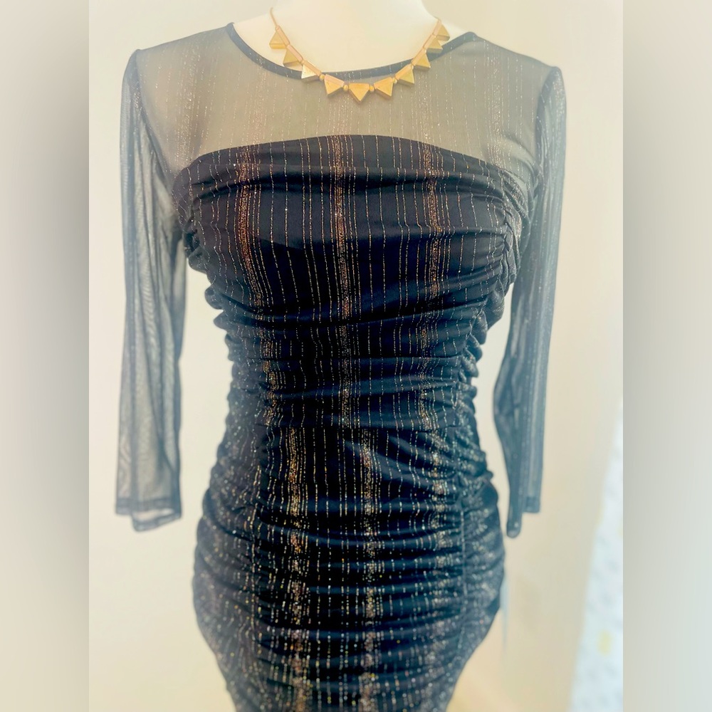 Alexa B Nites size 6 black mini dress long sleeve with Gold/silver glitter detai